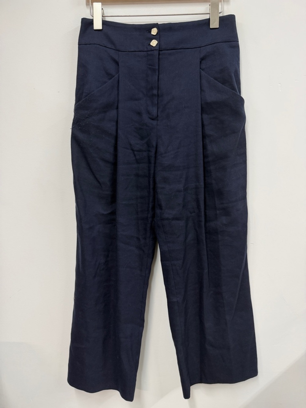 Veronica Beard Kuna linen blend wide navy leg pants 8 - Picture 3 of 9